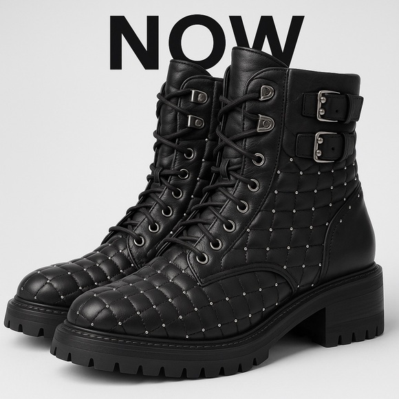 NOW! Made in Italy Quilted Leather Combat Boots Black Studded Lace-Up Lug Sole 3 - Picture 1 of 12